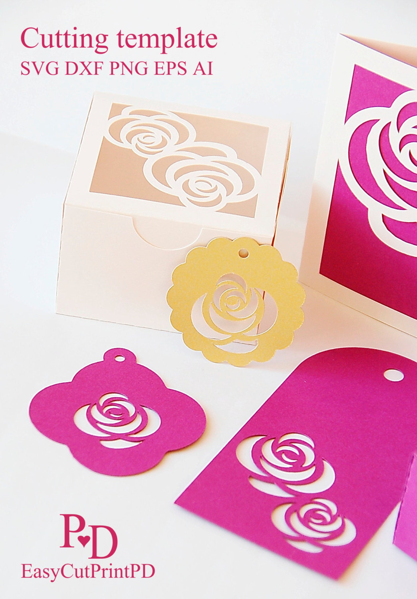 Rose Gift set Favors box card and 3 tags template Studio Etsy