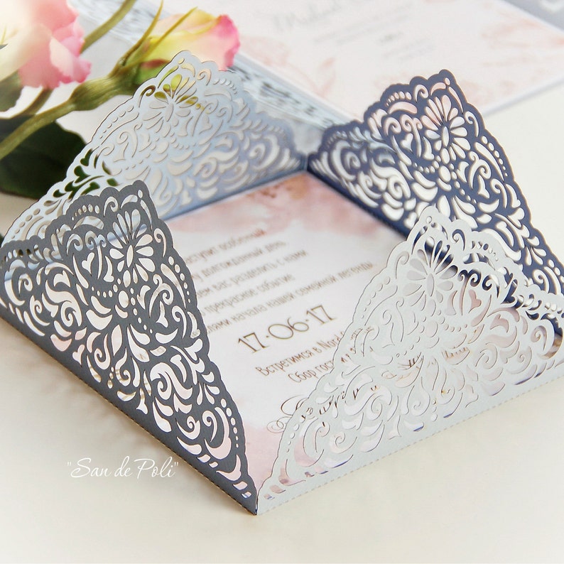 Wedding Invitation Card Template Four Fold Filigree Envelope Etsy
