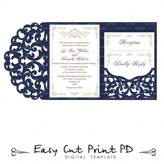 Set Tri Fold Pocket Invitation 6x6 in Ocean Seaside Summer Wedding Envelope RSVP Card Vector Svg Dxf Eps Silhouette Paper Laser Cut Template