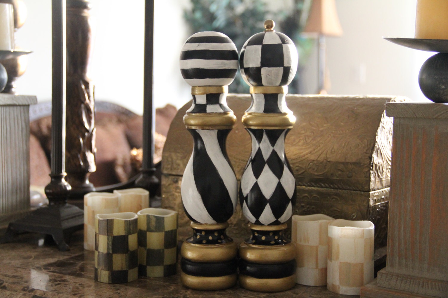Check Salt & Pepper Mill Set Hand Painted Black White Etsy