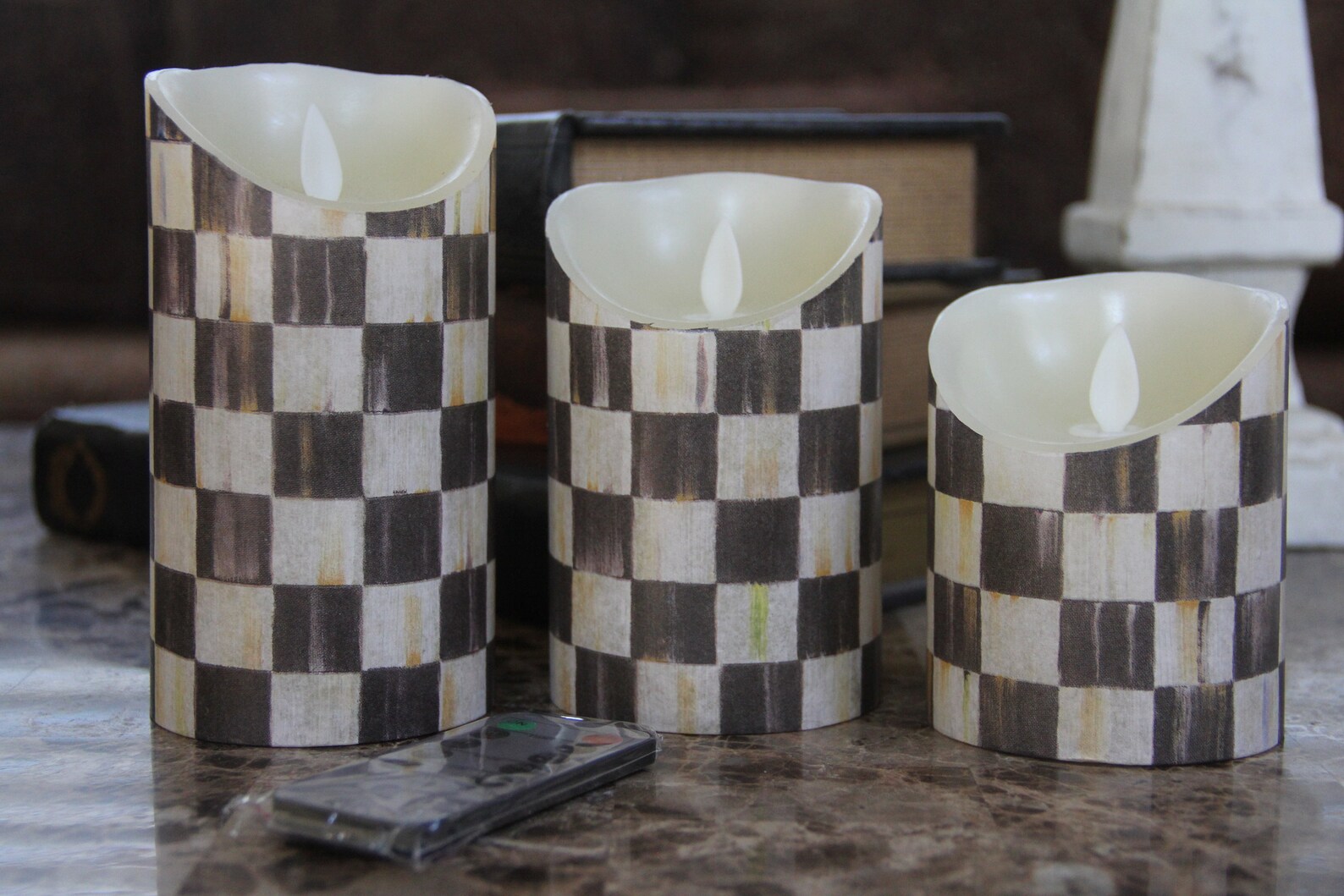 Black Checkered Candles 3 Flameless LED Pillar Black Check Etsy