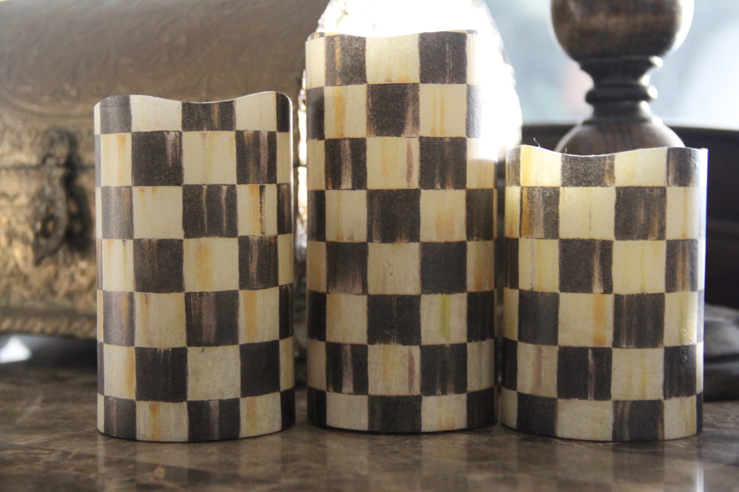 Checkered Candles 3 Flameless LED Pillar Black Check Etsy