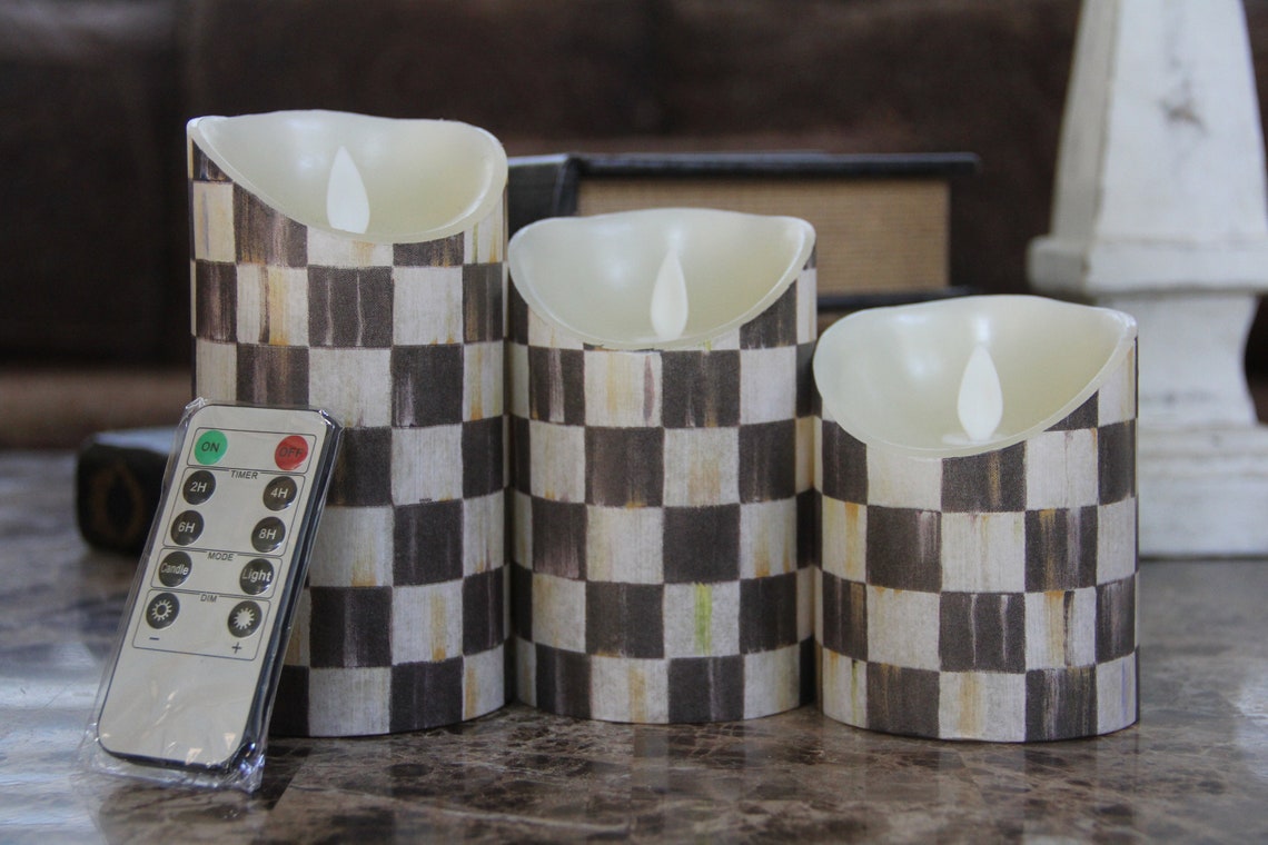 Black Checkered Candles 3 Flameless LED Pillar Black Check Etsy