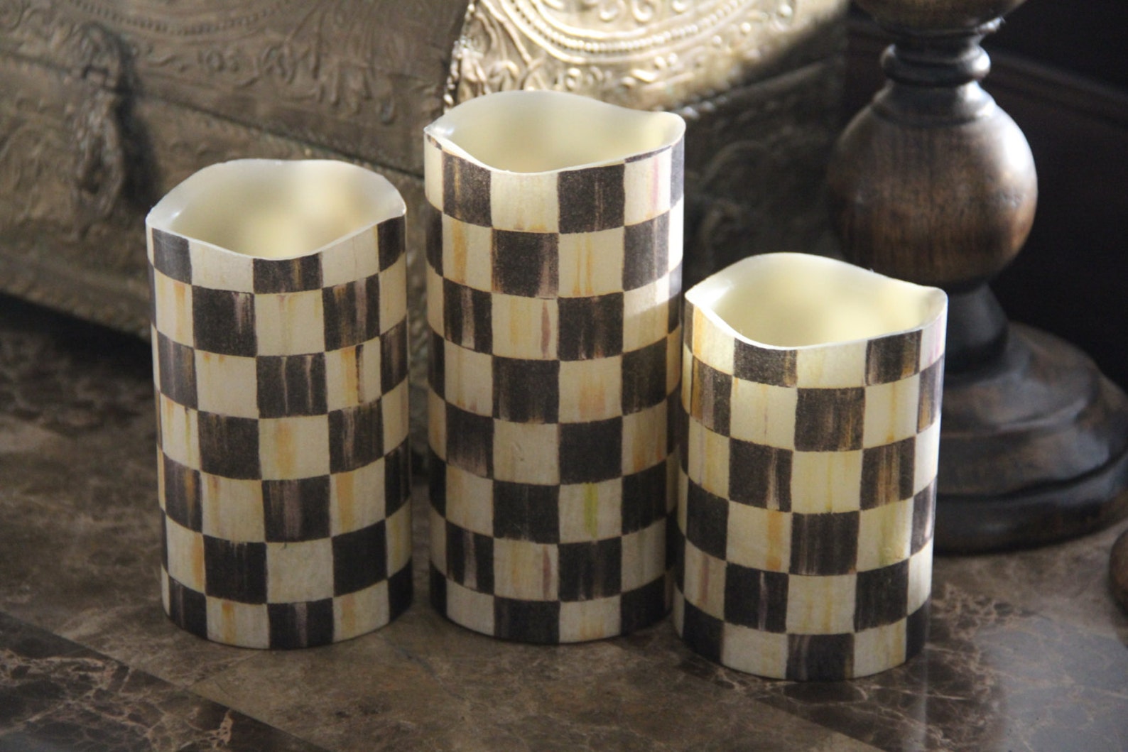 Black Checkered Candles 3 Flameless LED Pillar Black Check Etsy