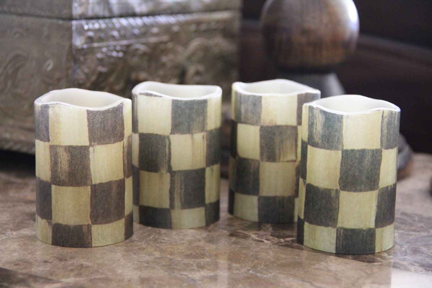 Black Checkered Candle Flameless Vanilla Scented LED Pillar Etsy