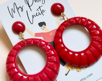 Twist Hoop Earrings, Bakelite Style Earrings, Red Resin Hoops, Vintage Inspired Fakelite Jewelry