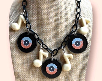 Records Vinyl Necklace, Bakelite jewelry inspired, Acrylic necklace, 1950s 1960s earrings Inspired by Mrs Polly's Lucite