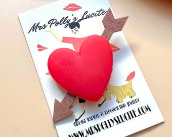 Pierced Love brooch, Bakelite jewelry inspired, Vintage Reproduction, FAKELITE Valentines 1940's Heart and Arrow wwii by Mrs Polly's Lucite