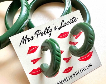 Green Waves Hoop Earrings, Bakelite Style Vintage Inspired Resin Hoops Fakelite