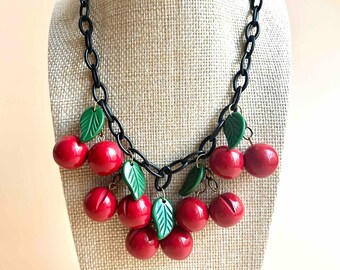 Cherry Necklace, Bakelite jewelry inspired, Resin necklace, Fruit necklace, Retro Necklace, Fakelite, Rockabilly style by Mrs Polly's Lucite