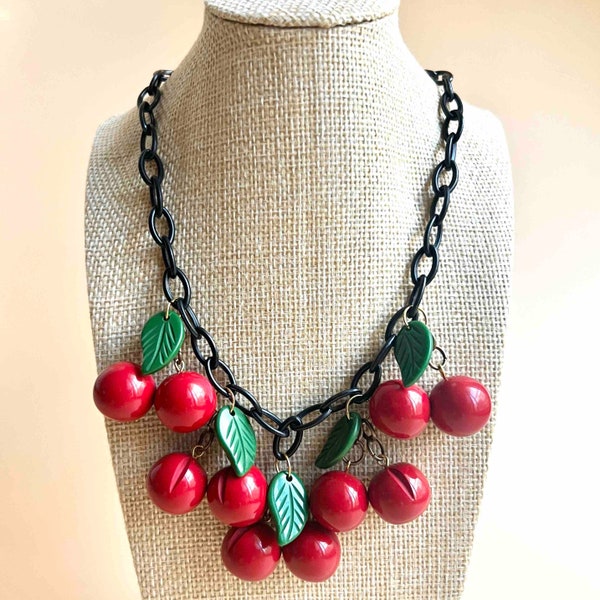 Cherry Necklace, Bakelite jewelry inspired, Resin necklace, Fruit necklace, Retro Necklace, Fakelite, Rockabilly style by Mrs Polly's Lucite