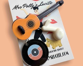 Records Vinyl Guitar brooch, Bakelite jewelry inspired, Resin Acrylic brooch, 1950s 1960s Rockabilly Inspired by Mrs Polly's Lucite