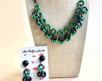 Retro Green Handmade Necklace and optional matching Dangle Earrings,Bakelite jewelry inspired, 1940s 1950s style by Mrs Polly's Lucite