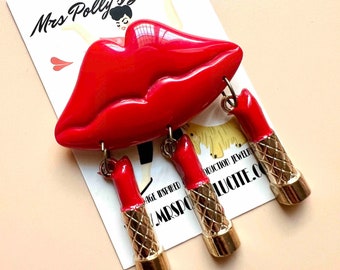 Vintage Glam, Lip Brooch with Red and Gold Lipstick Pendants, Bakelite jewelry inspired,Resin brooch,1940s 1950s style by Mrs Polly's Lucite