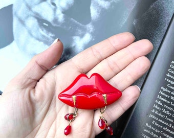 Gothic Vampire Red Lips Resin Brooch with "Blood" Drop Pendants,