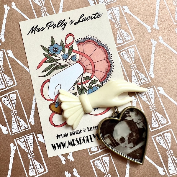 Memento Mori Victorian Mourning Hand brooch, Jet Bakelite celluloid inspired in Fakelite, Skull Edwardian Gothic style by Mrs Polly's Lucite