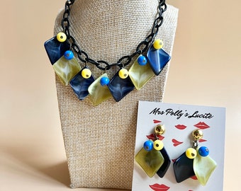 Atomic Blue and Yellow necklace and optional matching earrings,Vintage Mid Century jewelry inspired, 1940s 1950s style by Mrs Polly's Lucite
