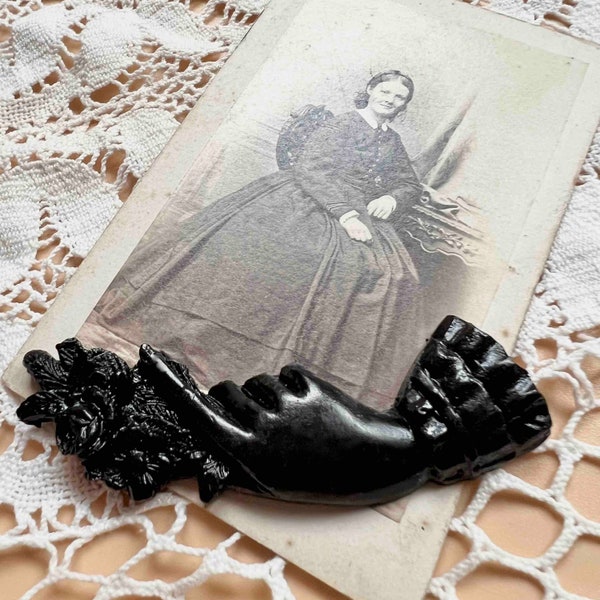 Black Victorian Mourning Brooch, Bakelite Whitby Jet INSPIRED Fakelite,Lucite Edwardian Gothic Jewelry by Mrs Polly's Lucite