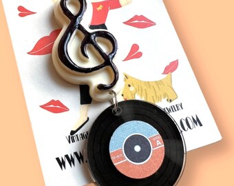 Records Vinyl Note Musical brooch, Bakelite jewelry inspired, Resin Acrylic brooch, 1950s 1960s Rockabilly Inspired by Mrs Polly's Lucite