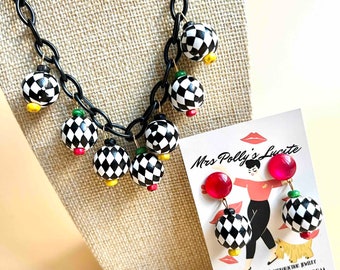Harlequin necklace and optional matching earrings,Bakelite jewelry inspired, 1940s 1950s Retro Vintage style by Mrs Polly's Lucite