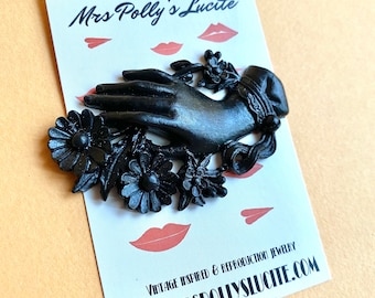 Victorian Mourning hand Brooch, Bakelite Jet INSPIRED in resin Fakelite, Edwardian Gothic Jewelry,by Mrs. Polly's Lucite