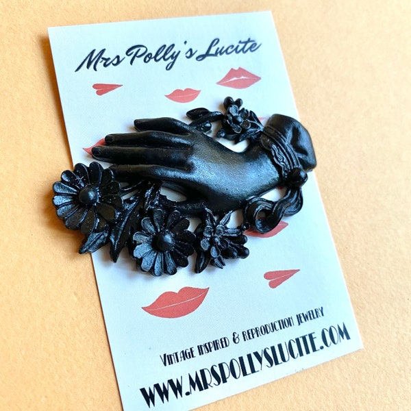 Victorian Mourning hand Brooch, Bakelite Jet INSPIRED in resin Fakelite, Edwardian Gothic Jewelry,by Mrs. Polly's Lucite