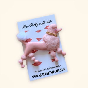 Vintage Style Jewelry, Retro Jewelry     Pink Shiny Poodle Rockin brooch-Vintage 1940s 50s celluloid bakelite inspired reproduction in Fun Fakelite style by Mrs Pollys Lucite  AT vintagedancer.com