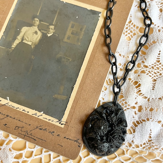 Victorian Mourning Pendant Forget Me Not Black Jet Inspired