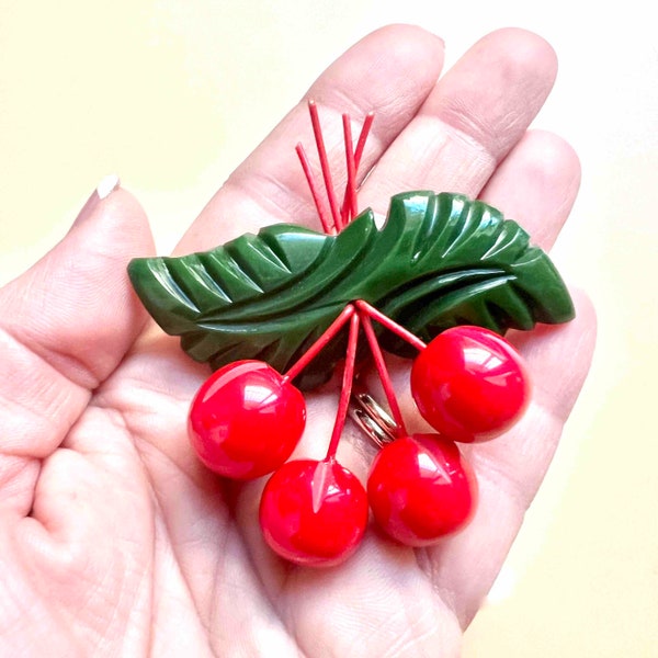 Elena Cherry brooch, Bakelite jewelry inspired,Resin brooch, 1940s 1950s jewelry style Fakelite Rockabilly style by Mrs Polly's Lucite