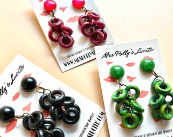 Circles wooden earrings, Handmade Earrings ,Bakelite jewelry inspired, 1940s 1950s retro style by Mrs Polly's Lucite