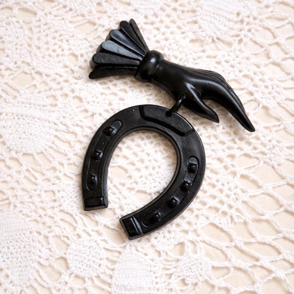 Victorian Mourning Hand Brooch Pin – Whitby Jet Style Black Resin Reproduction, Gothic Sentimental Jewelry