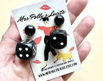 Las Vegas retro Dice Earrings - Vintage Bakelite Jewelry Inspired 1940s 1950s Style - Resin Earrings, Wood earrings -  by Mrs Polly's Lucite