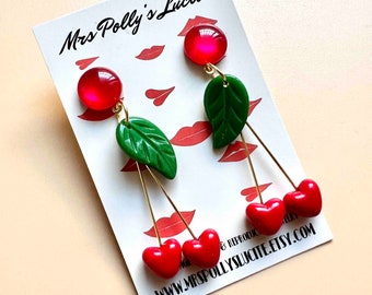 Elegant Valentine's Day Cherry Earrings with Red Heart Beads, Bakelite jewelry inspired reproduction,1940s 1950s style by Mrs Polly's Lucite