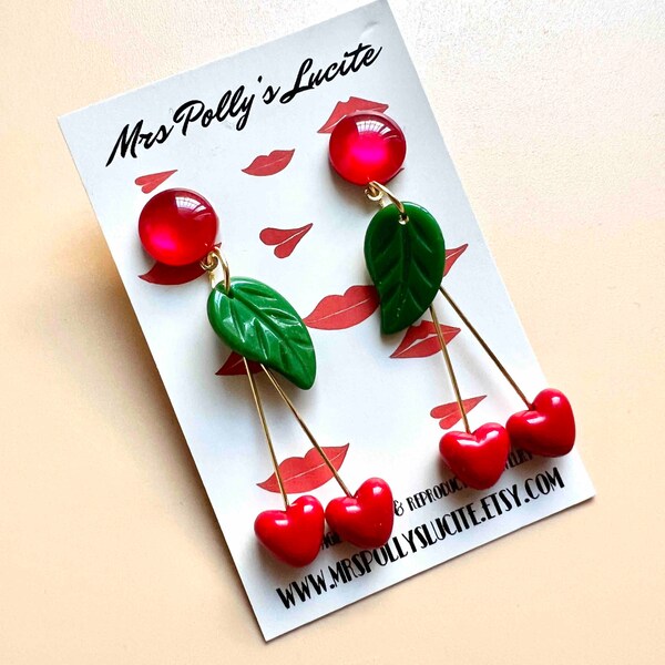 Elegant Valentine's Day Cherry Earrings with Red Heart Beads, Bakelite jewelry inspired reproduction,1940s 1950s style by Mrs Polly's Lucite