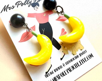 Retro Rockabilly Banana Earrings, Vintage Bakelite Resin Jewelry by Mrs Polly's Lucite - 1940s 1950s Inspired