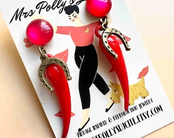 Lucky pepper Earrings, Vintage Bakelite jewelry inspired, Resin earrings, Good Luck, 1950s style Rockabilly earrings by Mrs Polly's Lucite