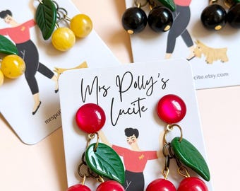 Cherry Earrings Bakelite Style, Vintage Inspired 1950s, Fakelite Resin Rockabilly Drops