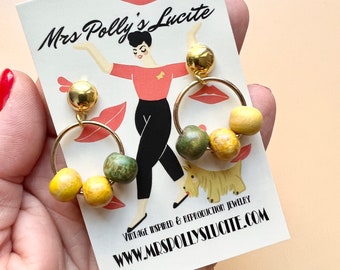 Round Beaded hoop earrings , Bakelite jewelry 1940s 1950s inspired, Fakelite gold tone Vintage inspired by Mrs Polly's Lucite