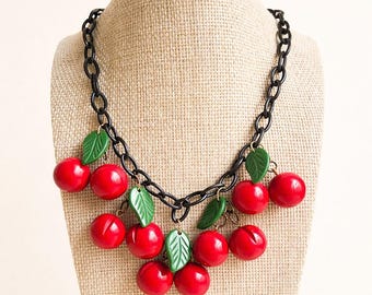 Rosie Cherry Necklace, Bakelite Style Necklace, Lucite Inspired Fakelite Fruit Jewelry