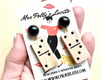 Retro Wood Domino Earrings - Vintage Bakelite Jewelry Inspired 1940s 1950s Style - Resin Earrings - by Mrs Polly's Lucite