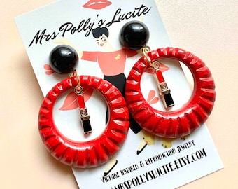 Red Lipstick Resin Hoop Earrings,Bakelite earrings inspired, Vintage repro, 1940s 1950s 1960s Marilyn Monroe style by Mrs Polly's Lucite