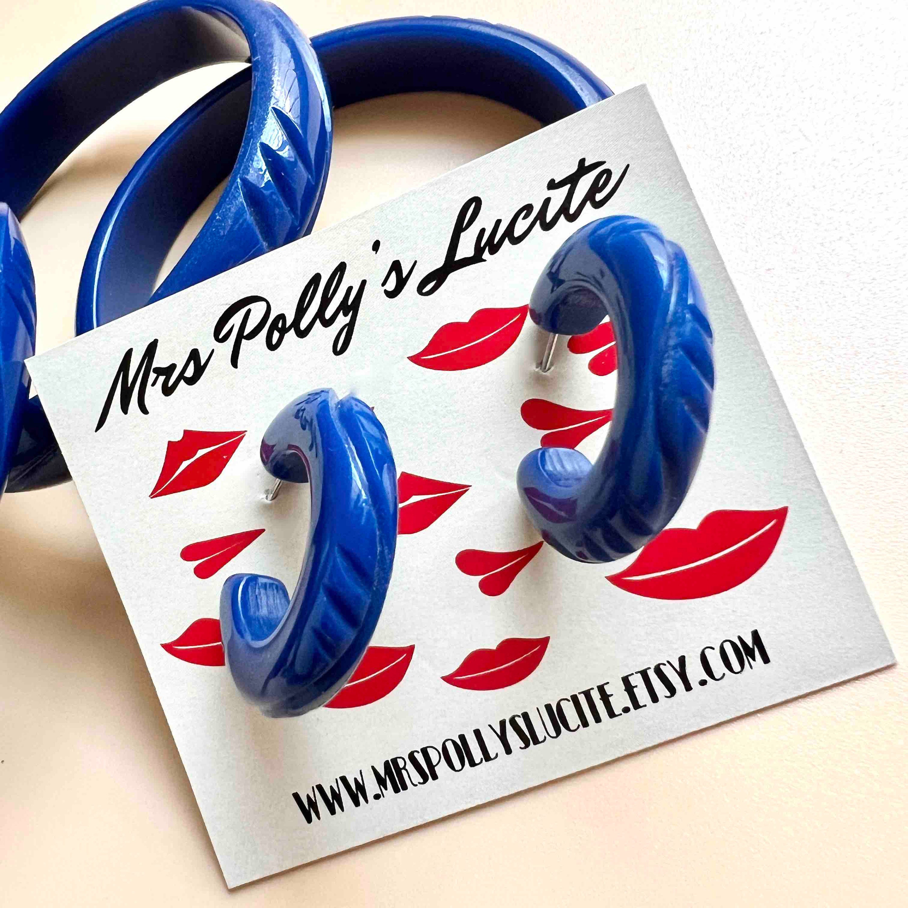 Waves Blue Resin Hoop Earrings, Vintage Inspired Bakelite Fakelite, Small Hoop earrings, Rockabilly earrings by Mrs Polly's Lucite