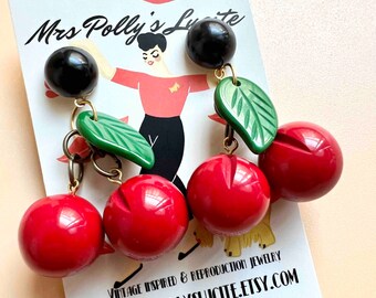 Cherry Earrings, Bakelite jewelry 1940s 1950s inspired, Resin Earrings, Fakelite Retro, Rockabilly pinup style by Mrs Polly's Lucite