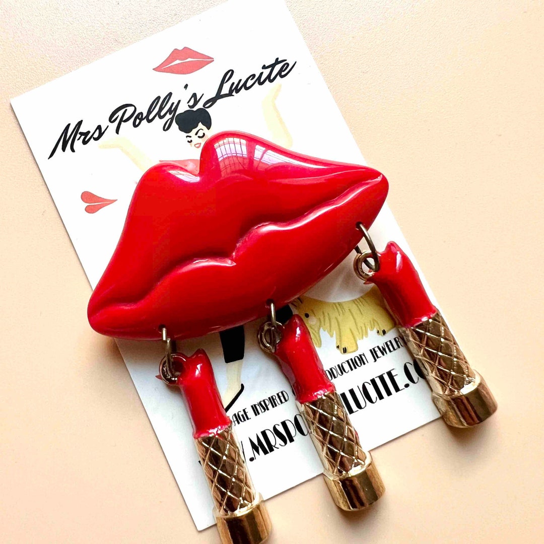 Vintage Glam, Lip Brooch With Red and Gold Lipstick Pendants, Bakelite Jewelry Inspired,resin Brooch,1940s 1950s Style by Mrs Polly's Lucite - Etsy