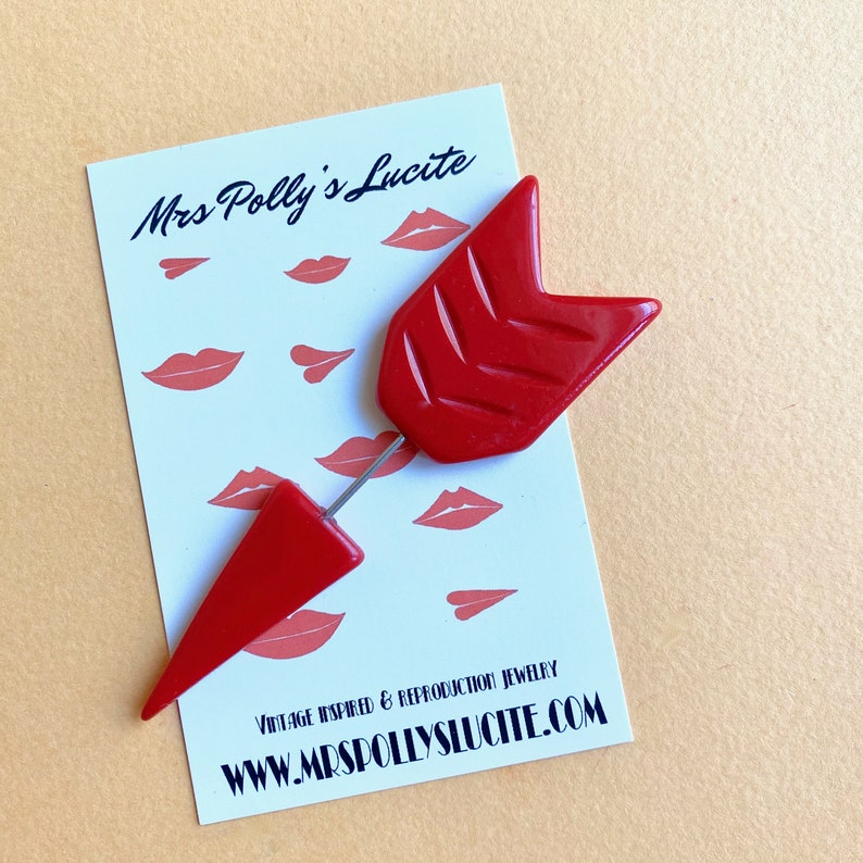 1930s Art Deco Style Jewelry – Costume Jewelry     Poison Arrow Bakelite inspired in Fun Fakelite style Red stick pin brooch 1940s 50s 1940s 50s by Mrs Pollys Lucite  AT vintagedancer.com