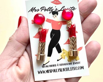 Retro Glamour,Handmade earrings,Vintage Bakelite 1940s 1950s Inspired with Lipstick Pendants, Valentine's Day style by Mrs Polly's Lucite