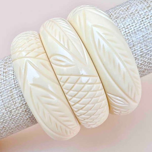 Sweet Cream Tender Leaf Bangle Bakelite carved vintage inspired in Fakelite 1940s 1950s inspired Bracelet by Mrs Polly's Lucite