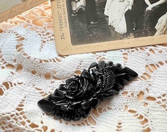 Victorian mourning carved flower brooch Whitby Jet inspired ,Bakelite INSPIRED in Fakelite, Resin Gothic jewelry by Mrs Polly's Lucite