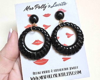 Black Twist Resin Hoop Earrings,Bakelite earrings inspired, Vintage repro, 1940s 1950s 1960s Marilyn Monroe style by Mrs Polly's Lucite