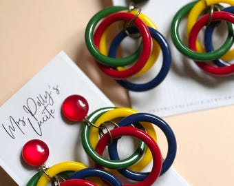 Carousel – Bakelite Style Statement Earrings, 1940s Fakelite Resin Multicolor Drop Hoops